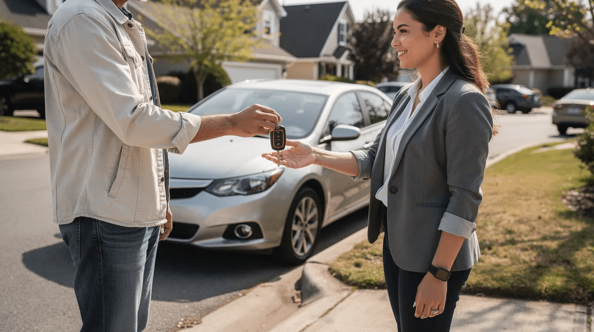 Deux personnes échangent des clés de voiture devant un véhicule garé dans un quartier résidentiel, illustrant le processus de location de voiture. Cette scène évoque les besoins des clients en matière de mobilité durant leurs vacances, avec des options adaptées à leur budget.