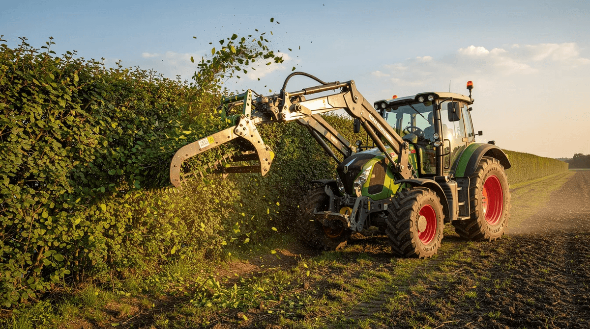 Un tracteur agricole vert, équipé d'un bras hydraulique, est en train de tailler une longue haie champêtre en bordure de champ, utilisant un système de coupe efficace pour un entretien précis des espaces verts. La machine, dotée d'une barre de coupe, montre sa puissance et sa capacité à travailler sur de larges sections de haies.