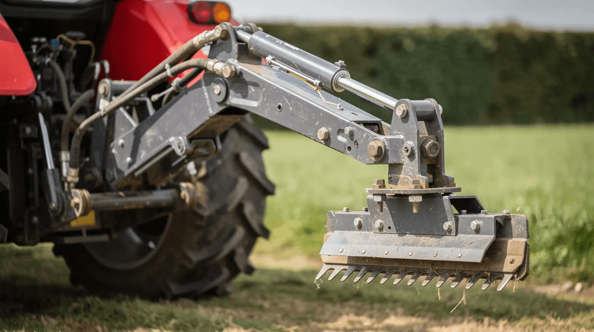 Gros plan sur un bras hydraulique articulé de taille-haie, monté à l'arrière d'un tracteur rouge. Ce matériel est conçu pour l'entretien des haies et des arbustes dans les espaces verts, offrant une précision et une efficacité remarquables grâce à son système hydraulique.