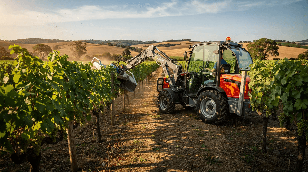 Un petit tracteur équipé d'un taille-haie hydraulique est en train de travailler dans un vignoble ensoleillé, taillant avec précision les haies et les arbustes. Cette machine, dotée d'un système hydraulique, permet une coupe efficace grâce à sa barre de coupe et sa largeur de travail adaptée.