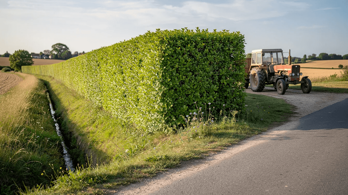 Une haie parfaitement taillée longe une route de campagne française, mettant en valeur un espace vert bien entretenu. En arrière-plan, un tracteur est garé, prêt à être utilisé pour le travail de taille haie.
