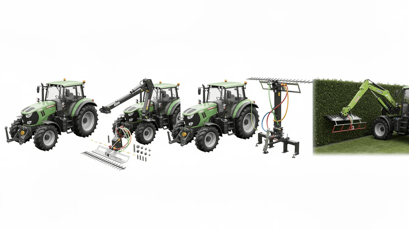 Trois tracteurs verts équipés d'un taille-haies hydraulique en cours de montage et en action.