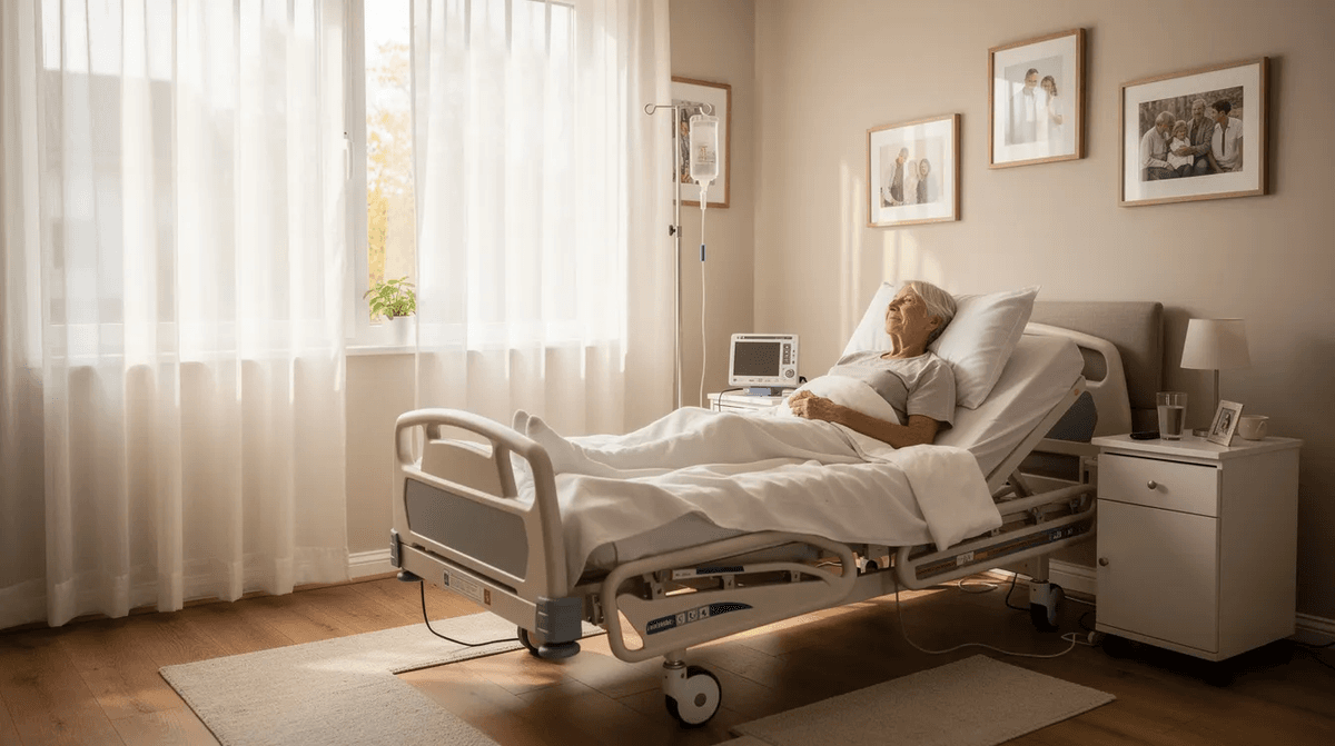 Une personne âgée est installée confortablement dans un lit médicalisé, entourée d'une chambre lumineuse à domicile, ce qui souligne l'importance du confort et de l'autonomie pour les patients. Ce cadre met en avant l'utilisation de dispositifs médicaux adaptés pour améliorer le quotidien et le bien-être des personnes en convalescence.