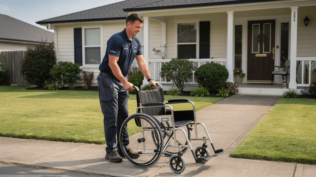 Un technicien en tenue professionnelle livre un fauteuil roulant devant une maison, offrant des solutions de matériel médical pour améliorer l'autonomie des patients à domicile. Cette prestation de livraison fait partie du service après-vente de Bastide le Confort Médical, garantissant qualité et confort.