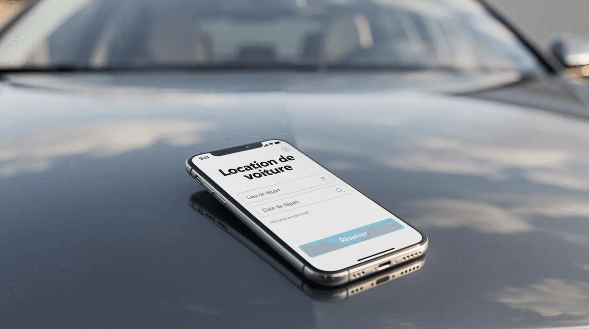 L'image montre un smartphone posé sur le capot d'une voiture, affichant une interface de location de voiture avec des options de réservation et de tarifs. Cette interface permet aux utilisateurs de planifier leur voyage et de choisir un véhicule adapté à leurs besoins.
