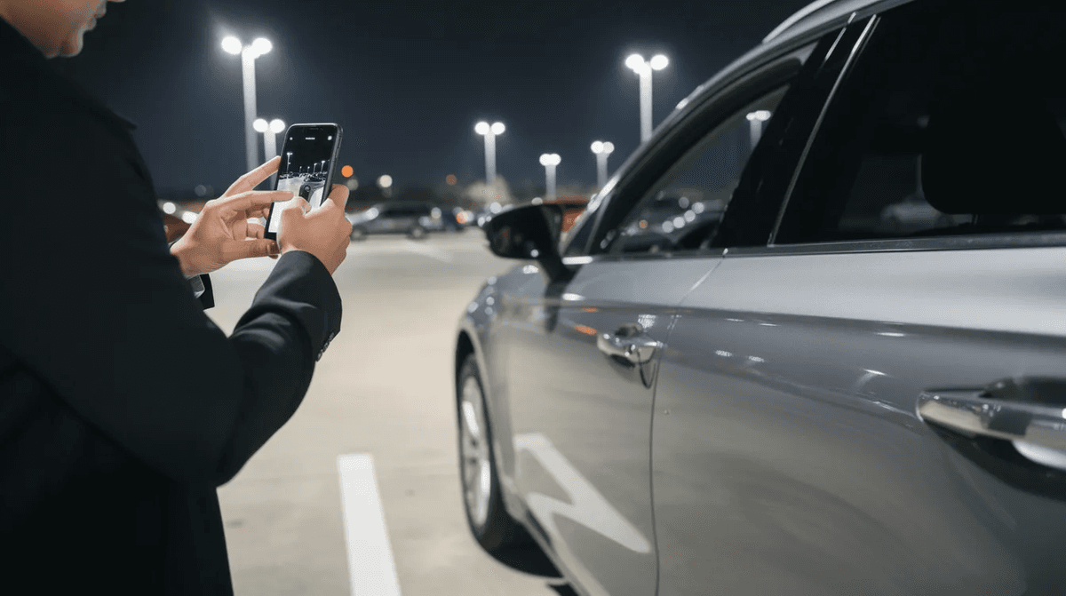 Une personne se tient à côté d'une voiture dans un parking bien éclairé, prenant une photo avec son smartphone. Cette scène évoque un moment de réservation ou de location de voiture, soulignant l'importance de capturer des souvenirs lors d'un voyage.