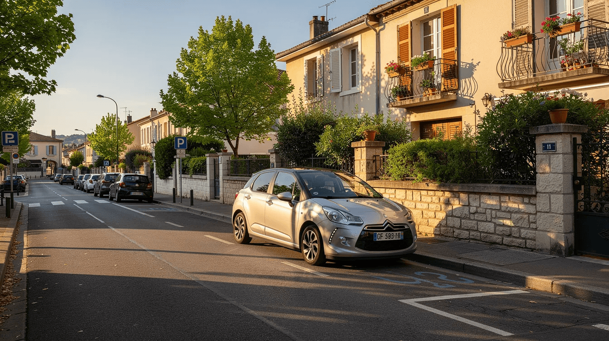 Une voiture citadine est garée sur une rue ensoleillée d'un quartier résidentiel en France, entourée de maisons typiques et de verdure. Cette image évoque une ambiance paisible, idéale pour un rendez-vous ou une location de voiture lors d'un séjour dans une ville française.