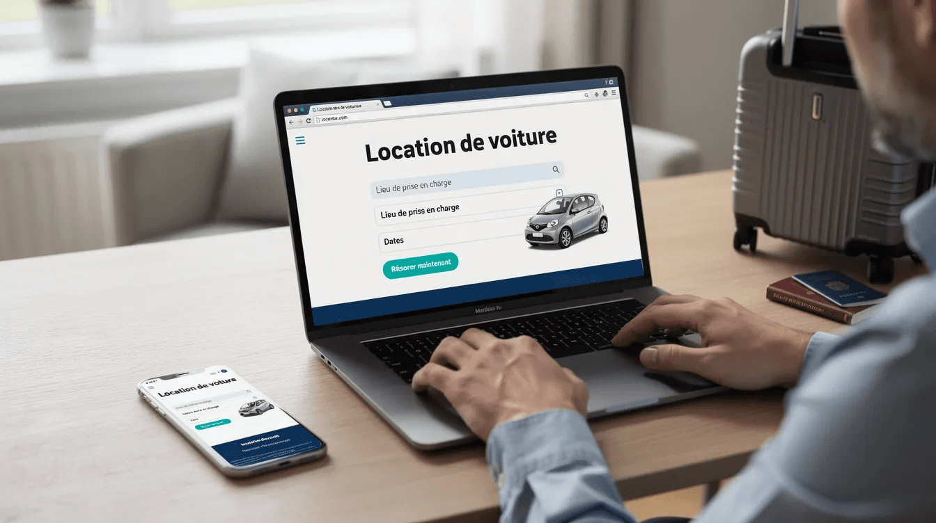 Homme réservant une location de voiture en ligne sur ordinateur portable et smartphone.