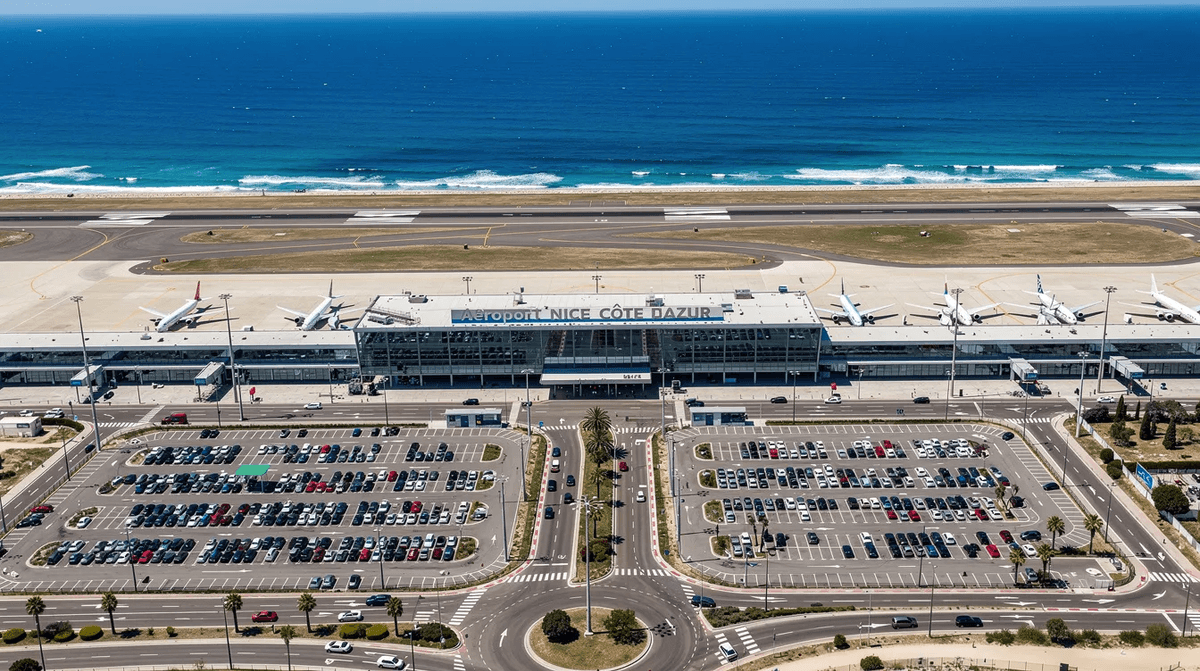 Vue aérienne de l'aéroport de Nice-Côte d'Azur, montrant le terminal 2 et des voitures garées dans le parking, avec la Méditerranée scintillante en arrière-plan. Cette image illustre un lieu idéal pour louer une voiture et profiter des déplacements en France.