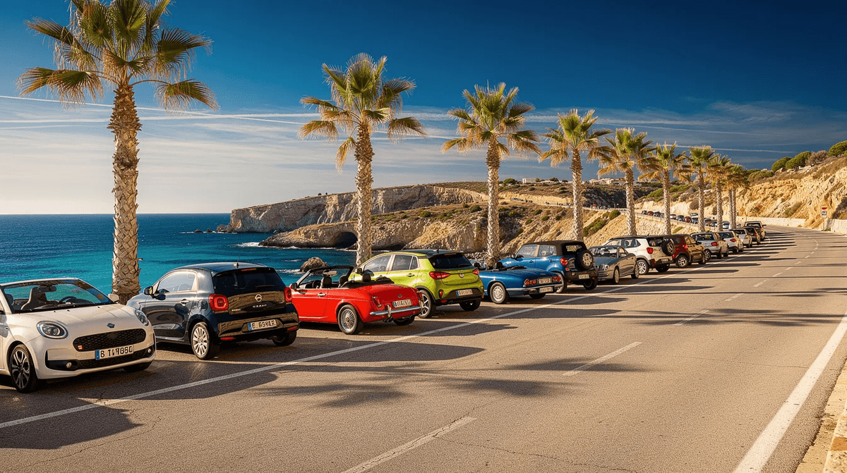 Une vue panoramique d'une route côtière méditerranéenne à Nice, bordée de palmiers, où différents types de voitures, y compris des SUV et des cabriolets, sont garées sous un ciel bleu éclatant. Cette scène évoque la location de voiture pour explorer les magnifiques paysages de la France.