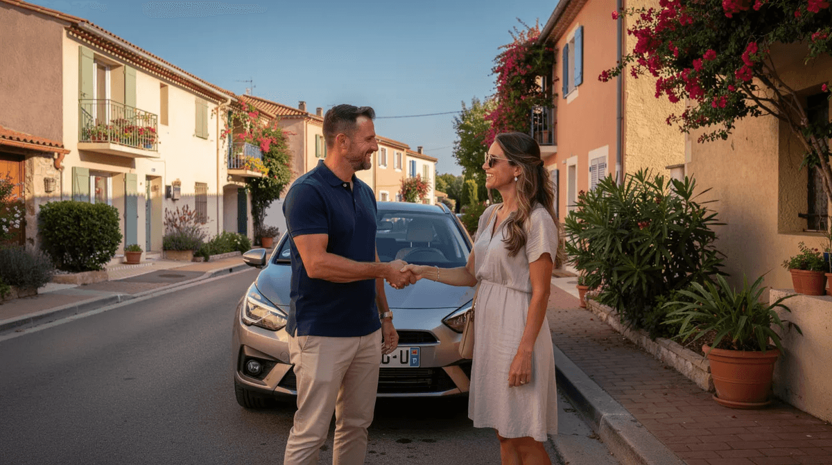 Deux personnes se serrent la main avec le sourire devant une voiture garée dans une rue résidentielle ensoleillée du sud de la France, évoquant un rendez-vous pour une location de voiture à Nice. En arrière-plan, on aperçoit des maisons typiques et un ciel bleu, créant une atmosphère chaleureuse et accueillante.