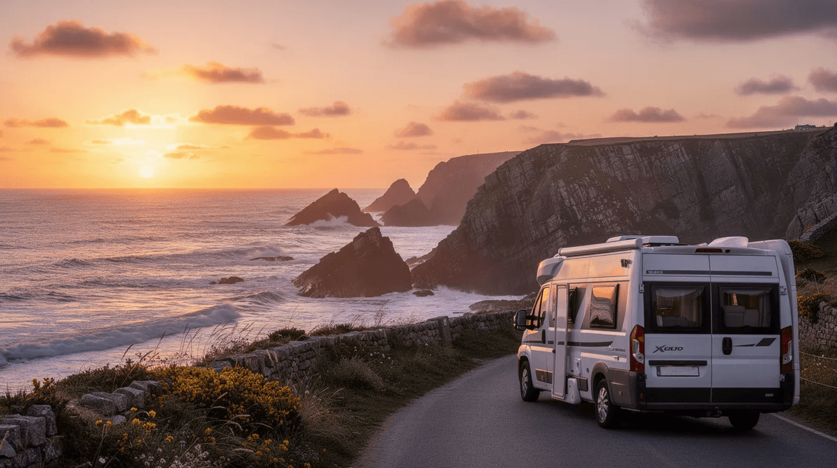Un camping-car est garé face à la mer sur une route côtière bretonne, tandis qu'un magnifique coucher de soleil illumine le paysage. Ce lieu idéal pour des vacances en famille offre une vue imprenable sur l'horizon et la nature environnante.