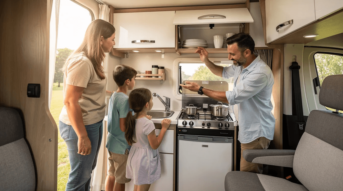 Une famille examine l'intérieur d'un camping-car, tandis que le propriétaire leur montre les équipements de cuisine, soulignant le confort et les options disponibles pour leur aventure en location de camping-car. L'atmosphère est conviviale, et l'enthousiasme pour le voyage est palpable.