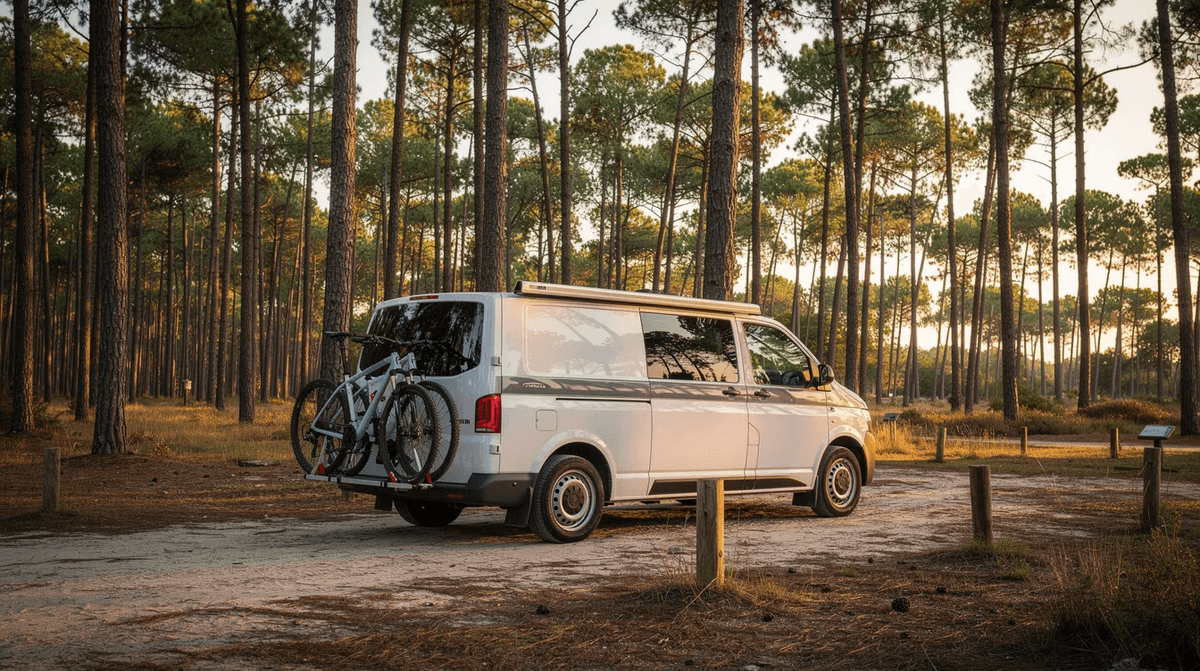 Un van aménagé est stationné sur une aire naturelle entourée de pins dans les Landes, avec des vélos fixés à l'arrière, offrant un cadre idéal pour des vacances en camping. Ce véhicule de location permet de profiter de la liberté et du confort d'une aventure en pleine nature.
