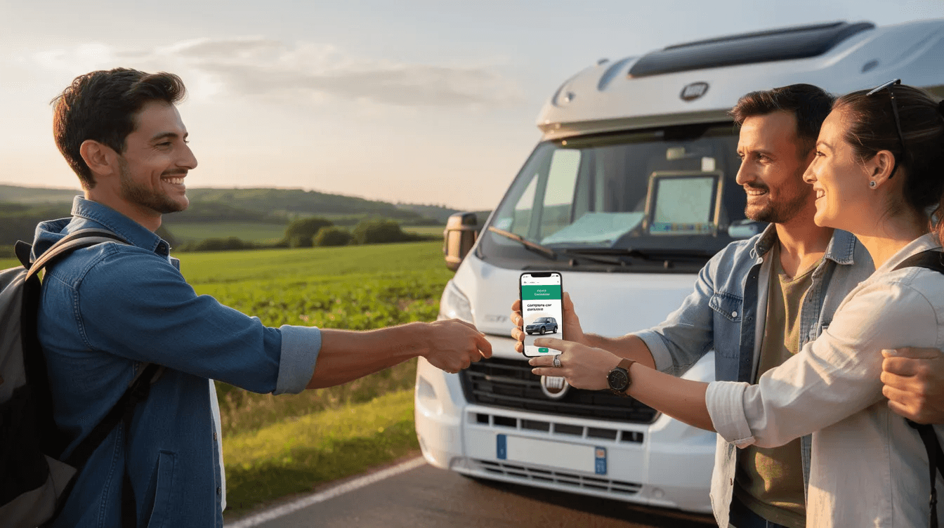 Remise de clés entre particuliers pour une location de camping-car via une application mobile