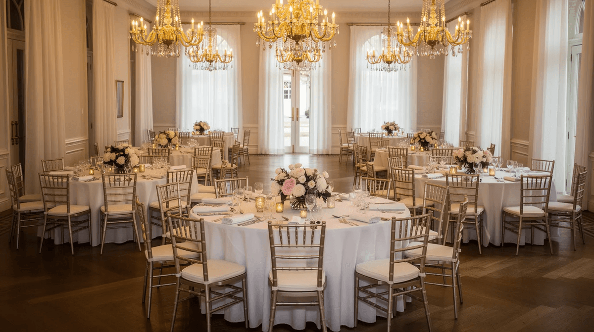 Une salle de réception élégante est décorée de lustres dorés, de tables rondes recouvertes de nappes blanches et de centres de table floraux, créant une ambiance raffinée pour tout événement spécial. Ce décor original et soigné est parfait pour un mariage ou un anniversaire, offrant une expérience inoubliable à tous les invités.