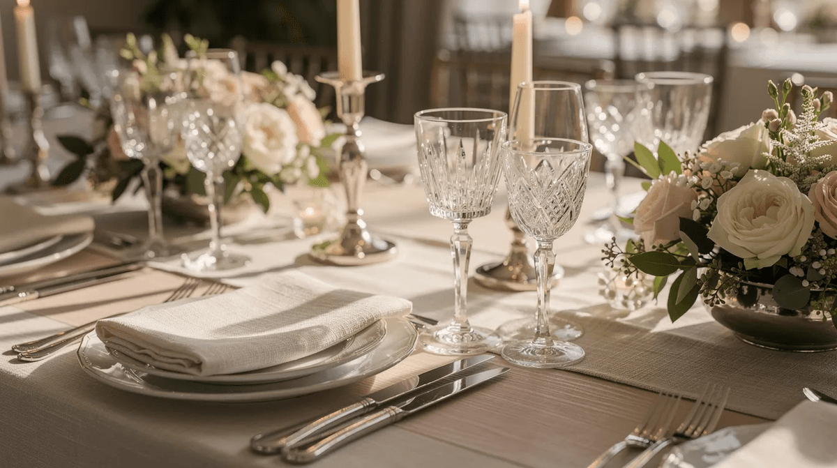 Une table d'événement magnifiquement dressée, mettant en avant des verres en cristal, des serviettes en lin, des bougies et de fraîches compositions florales. Cette décoration raffinée crée une ambiance élégante et accueillante, parfaite pour des occasions spéciales comme un mariage ou un anniversaire.