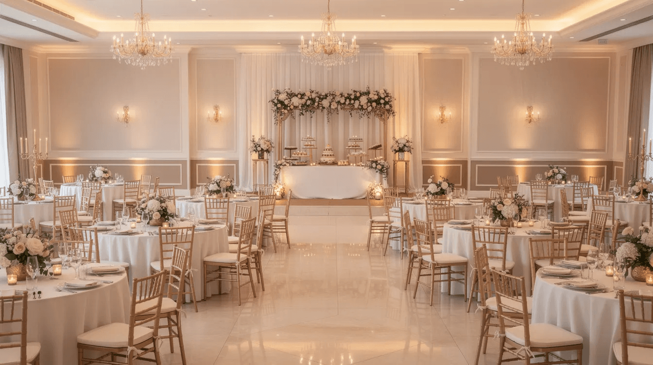 Salle de réception de mariage élégante avec tables rondes, chaises dorées et chandeliers.