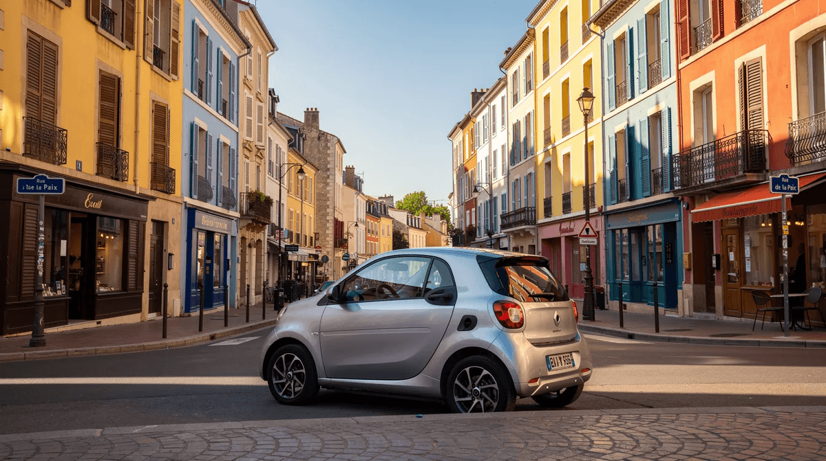 Une petite voiture est garée dans une rue ensoleillée d'une ville française, entourée de façades colorées typiques. Ce véhicule évoque le tourisme et la location de voitures pour explorer les charmantes rues et profiter des vacances en France.
