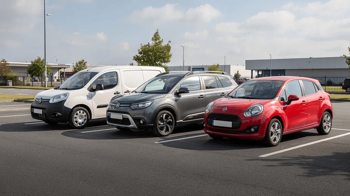 Dans un parking, plusieurs types de véhicules sont alignés : un petit utilitaire blanc, un SUV gris et une citadine rouge, prêts à répondre aux besoins de mobilité des professionnels et des particuliers. Cette diversité de voitures témoigne des options disponibles pour la location de véhicules, que ce soit pour des déplacements quotidiens ou des vacances.