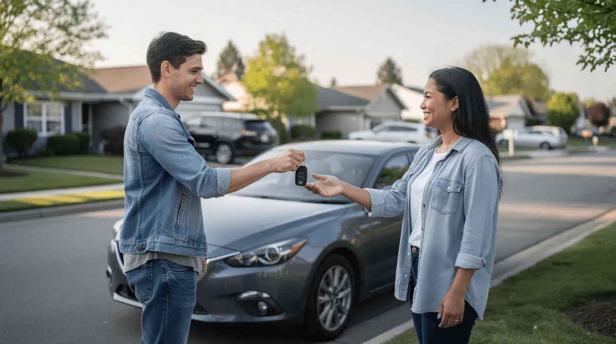 Deux personnes échangent des clés de voiture devant un véhicule dans un quartier résidentiel, illustrant une situation de location de voitures. Cette scène évoque la proximité et la flexibilité des services de mobilité pour des déplacements professionnels ou des vacances.