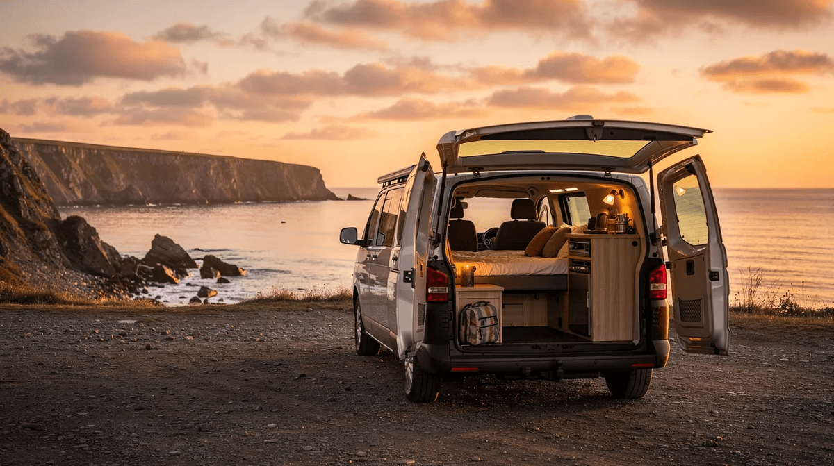Un van aménagé est stationné face à un paysage côtier, avec la mer scintillante en arrière-plan. Ce décor évoque des vacances idéales et le confort d'un véhicule adapté pour le tourisme et les déplacements en famille.