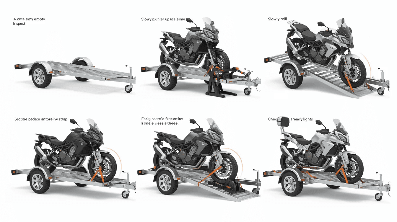 Diagramme en 6 étapes illustrant le chargement et l'arrimage d'une moto sur remorque.