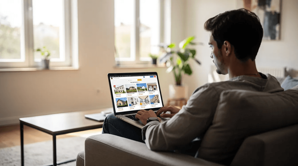 Une personne est assise dans un salon lumineux, consultant des annonces immobilières sur un ordinateur portable. Les informations affichées incluent des détails sur des locations en France, avec des critères tels que le nombre de pièces et le prix, dans un cadre confortable et moderne.