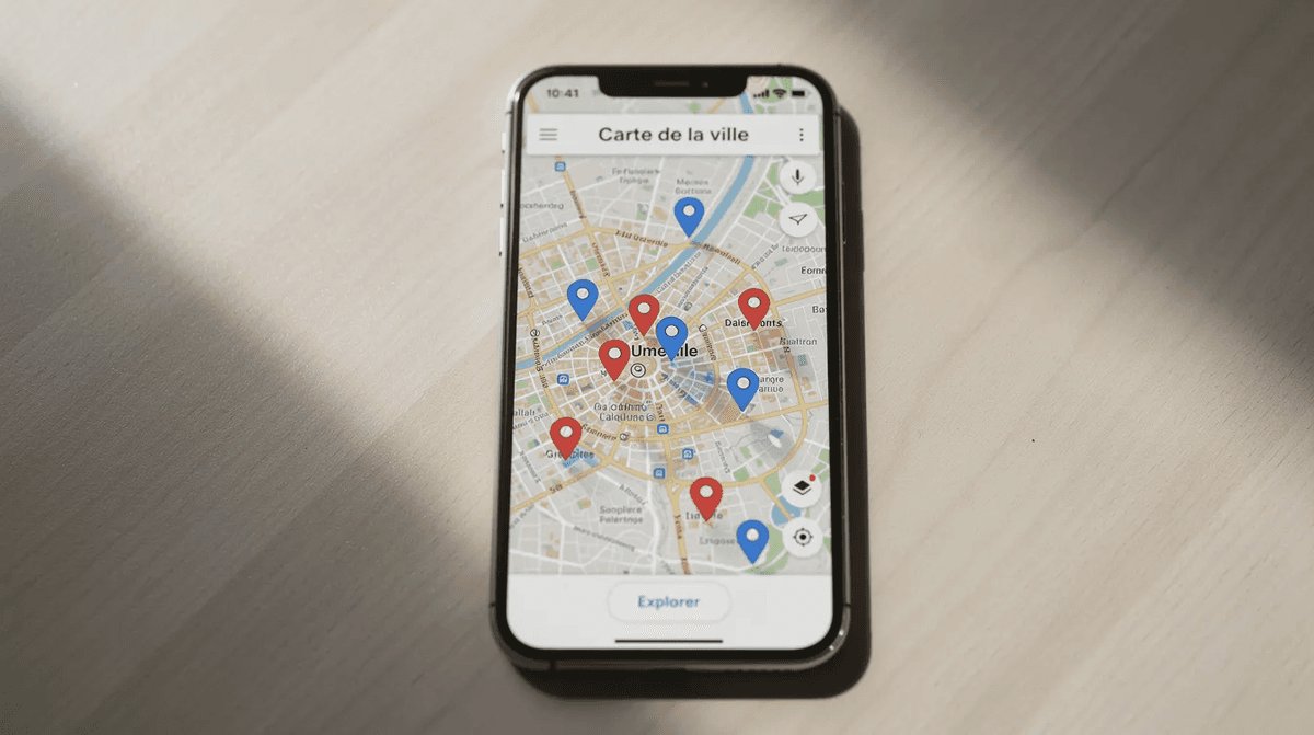 L'image montre un smartphone affichant une carte détaillée de la ville, avec plusieurs épingles de localisation marquant différents quartiers. Ces épingles pourraient représenter des annonces sur un marketplace, permettant aux utilisateurs d'explorer les sujets liés aux locations et aux articles disponibles dans la région.