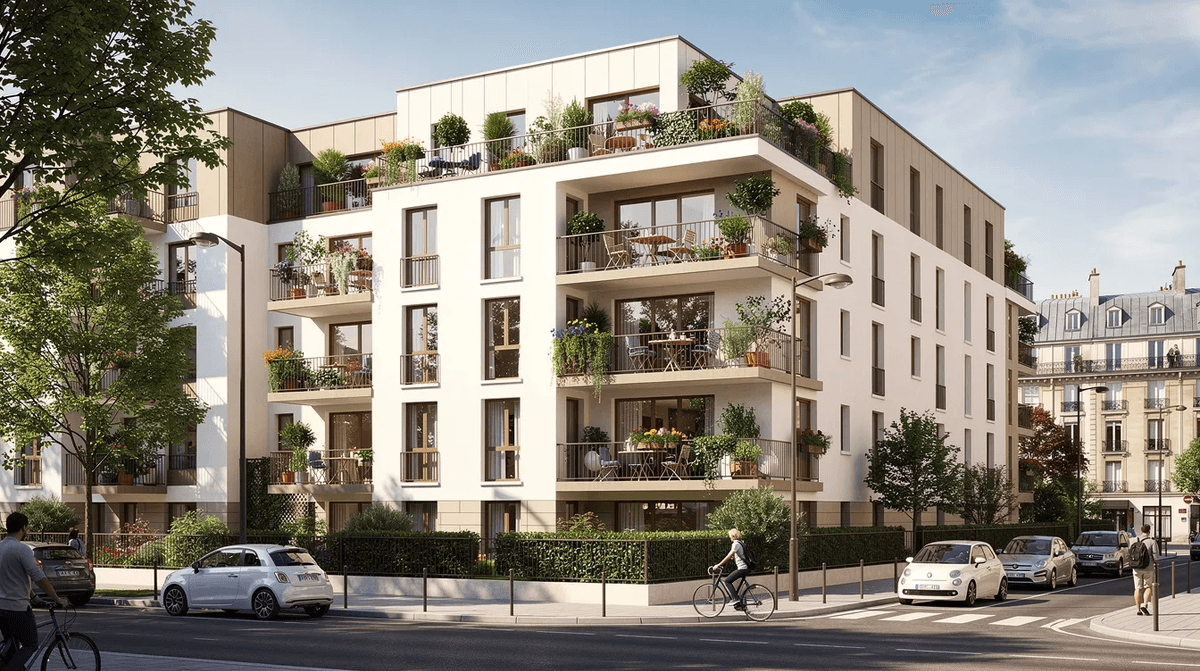 Cette image montre des immeubles résidentiels modernes situés dans une ville française, ornés de balcons et de végétation luxuriante. On peut apercevoir un cadre de vie agréable, idéal pour les particuliers cherchant à explorer des annonces de location sur des plateformes comme Facebook ou ParuVendu.