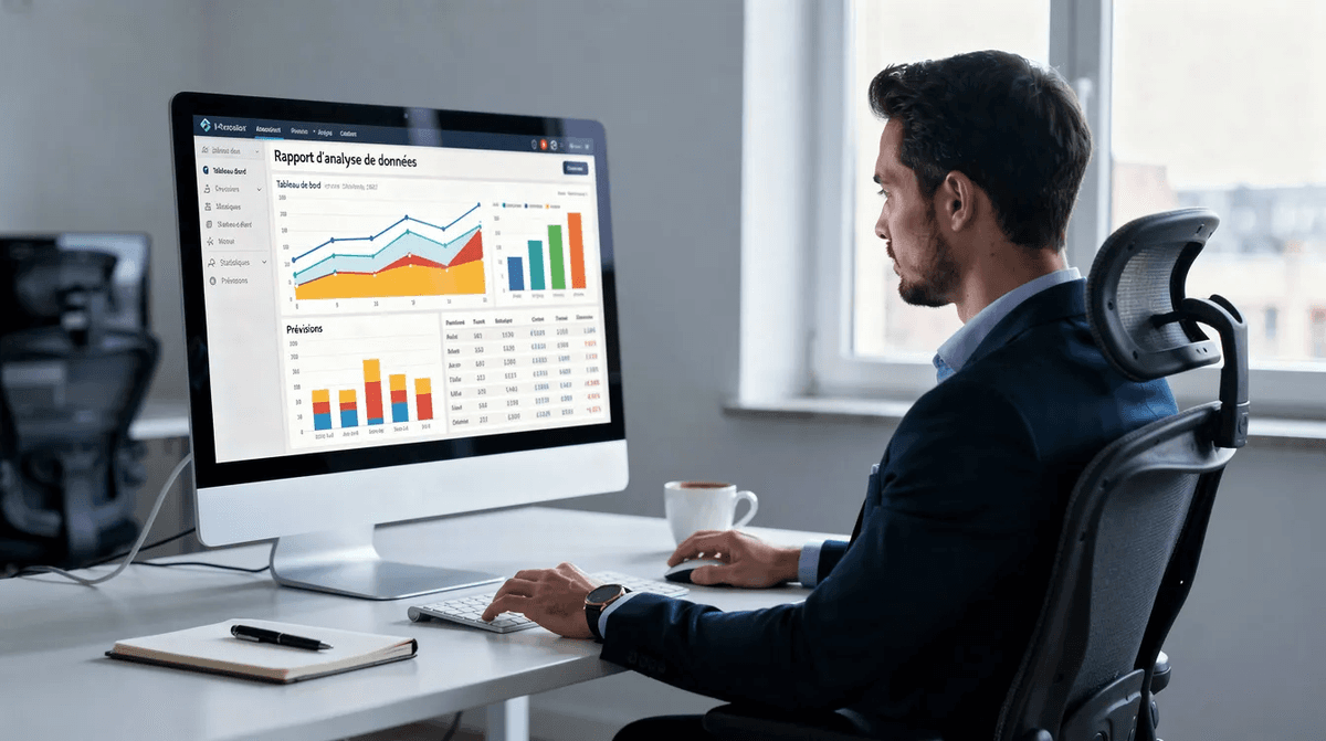 Une personne est assise à un bureau, analysant des graphiques et des données sur un écran d'ordinateur, entourée d'outils de travail. L'image évoque un environnement professionnel en France, où l'utilisation de logiciels pour explorer des sujets est essentielle.