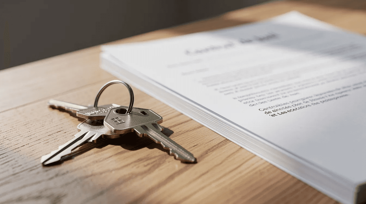 Des clés de maison sont posées sur une table en bois, à côté d'un contrat de bail, illustrant une transaction immobilière. Cette image évoque le marché locatif en France, où les particuliers peuvent explorer des annonces et se connecter à des plateformes pour trouver leur futur logement.