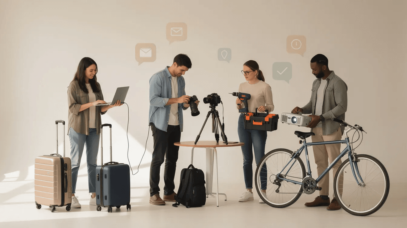 Quatre personnes échangeant des biens variés via une marketplace de location en ligne.