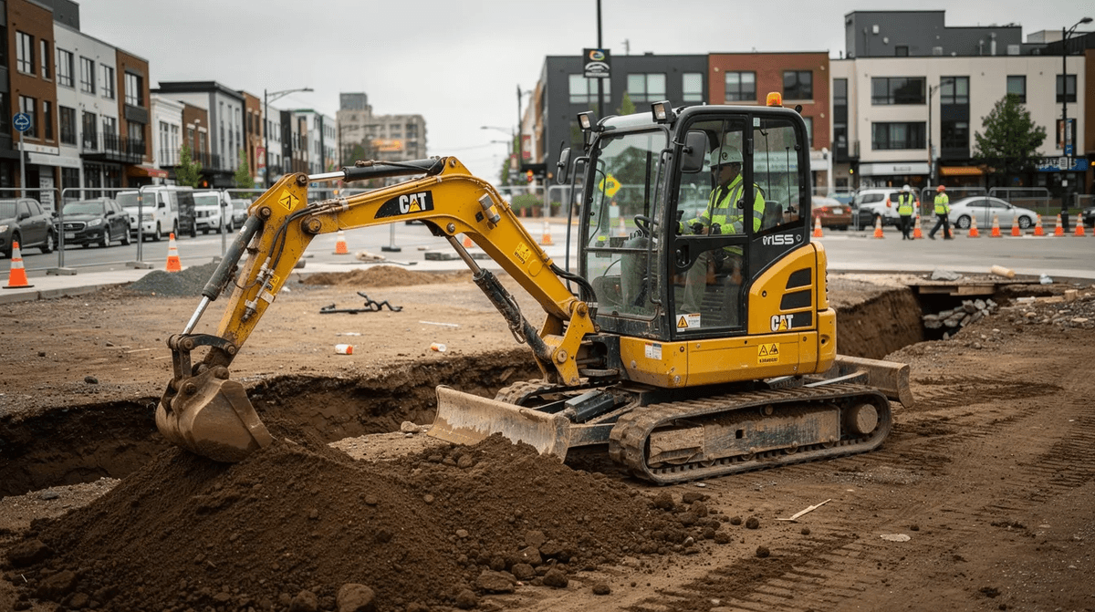Une mini pelle jaune est garée sur un chantier de terrassement urbain à Toulouse, entourée d'outils et de matériel de construction. Cette scène illustre l'utilisation d'engins pour les travaux de bâtiment et d'espaces verts, typiques des chantiers dans la ville rose.