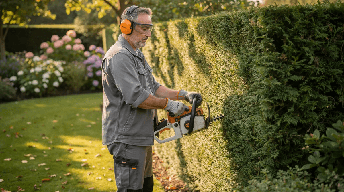 Un jardinier utilise un taille-haies thermique pour entretenir des végétaux dans un jardin verdoyant, illustrant l'importance des espaces verts à Toulouse. Cette image met en avant l'utilisation d'outils professionnels pour réaliser des travaux d'entretien de qualité.