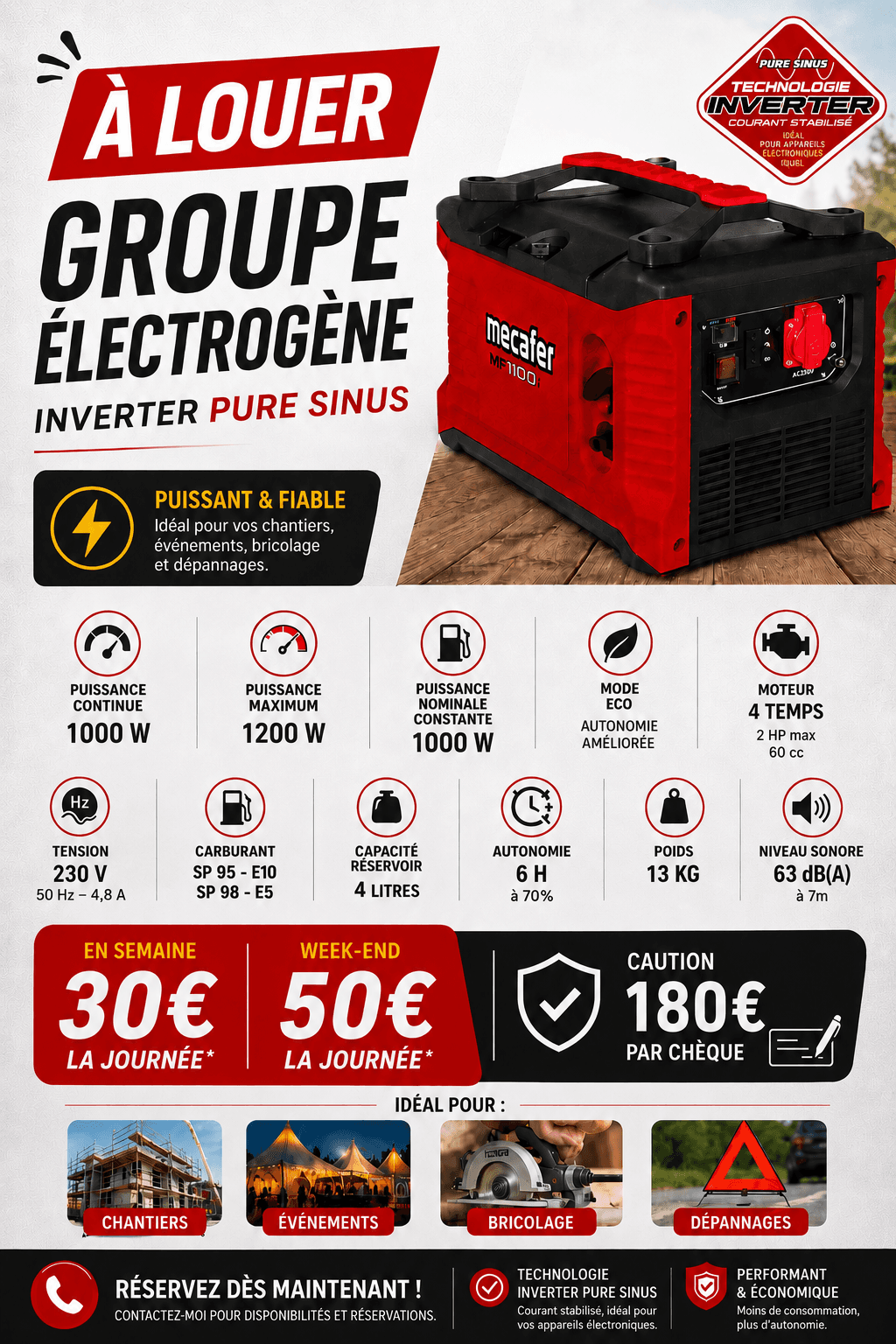 Location groupe électrogène Inverter 1000W à Vitry-sur-Seine