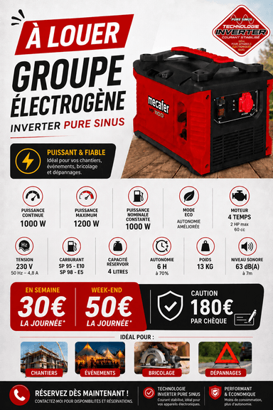 Location groupe électrogène Inverter 1000W à Vitry-sur-Seine