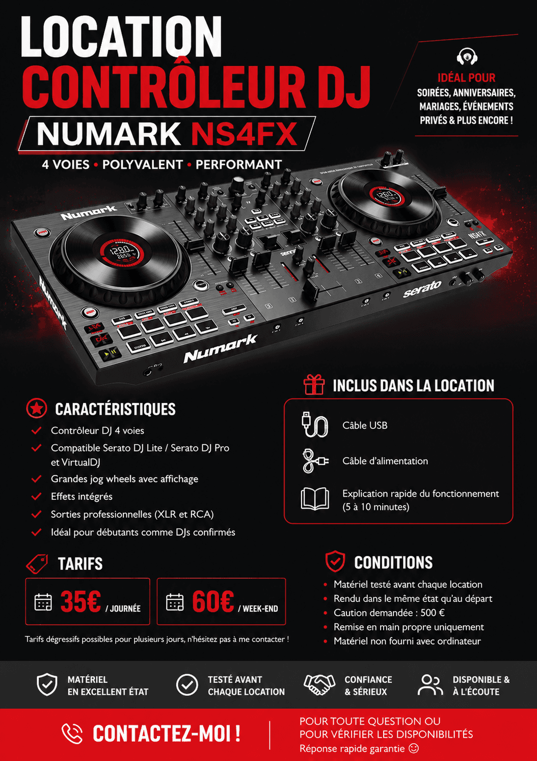 Location contrôleur DJ 4 voies à Orléans – Numark NS4FX