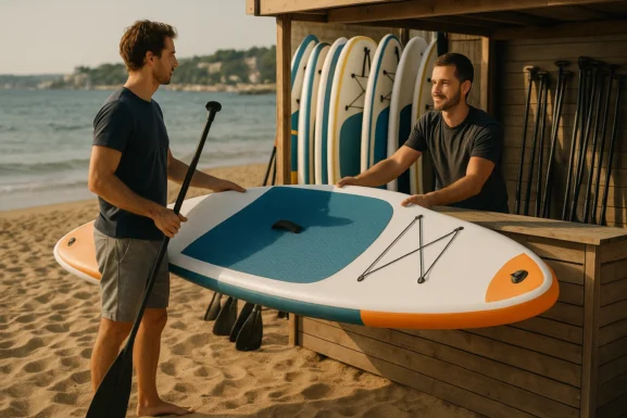 Deux hommes échangent une planche de paddle sur la plage devant une cabane de location, illustrant comment louer paddle entre particuliers via Lokio