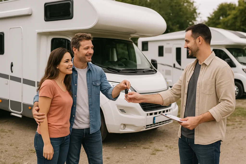 Transaction sécurisée location camping-car particulier - Échange de clés devant véhicule capucine blanc