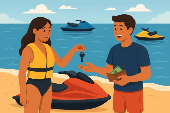Une femme remet les clés de son jet ski à un homme sur la plage dans le cadre d’une location jet ski particulier, représentant la location entre particuliers avec Lokio.
