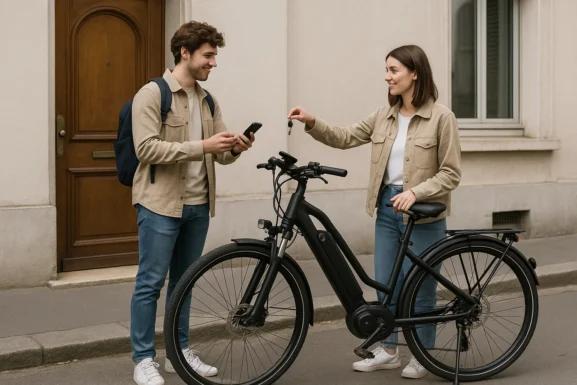 Transaction location vélo électrique particulier - Femme remettant les clés du VAE noir à un jeune homme