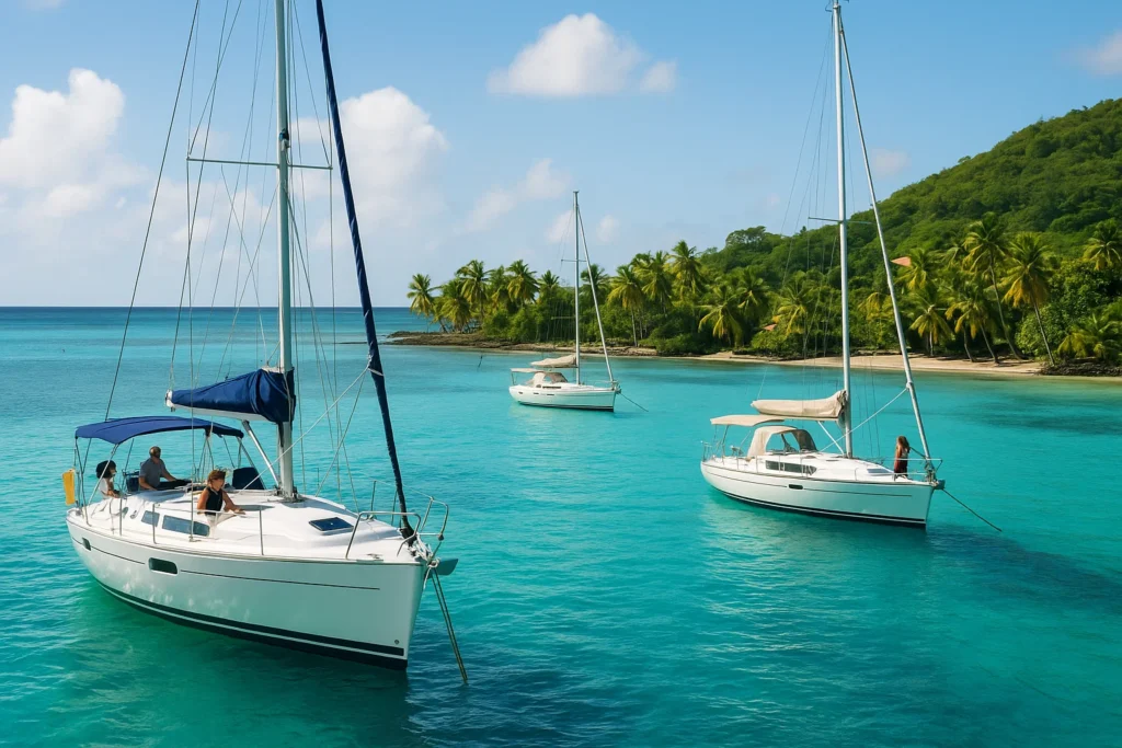 Louer son bateau particulier : voiliers blancs au mouillage dans baie tropicale aux eaux turquoise