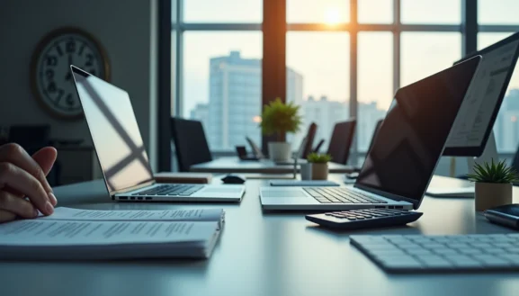 Poste de travail moderne avec ordinateurs portables sur un bureau, illustrant le leasing ordinateur en entreprise.