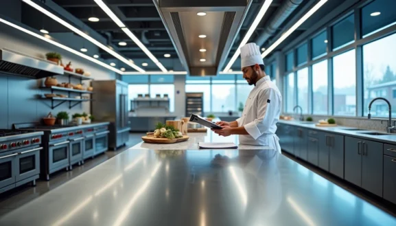 Chef en tenue professionnelle lisant une fiche dans un laboratoire culinaire moderne, idéal pour la location labo cuisine