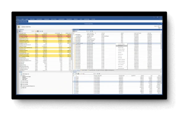 Interface d’un logiciel de gestion affichant des clients, contrats, factures et données financières sous forme de tableaux.