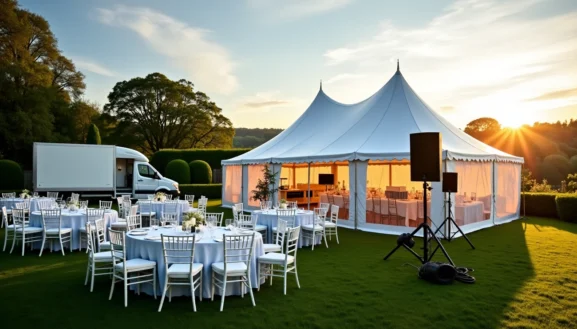 Location équipement événementiel avec tente de réception, tables rondes, chaises blanches et matériel son installés en extérieur.