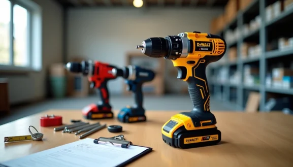 Location perceuse sans fil : perceuse-visseuse sur batterie posée sur un établi avec accessoires de bricolage en atelier.