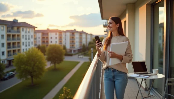 Jeune femme sur un balcon moderne consultant son téléphone dans un logement Cergy au coucher du soleil.