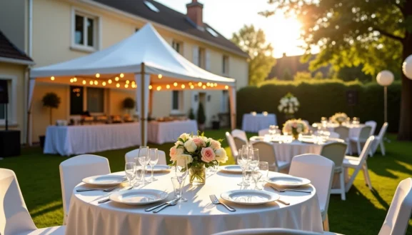 Comment Organiser une Fête avec du Matériel de Location dans le 93, réception sous tente avec tables dressées dans un jardin